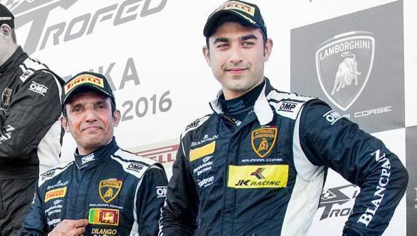 2016 Lamborghini Super Trofeo Asia Suzuka Armaan Ebrahim (right), Dilantha Malagamuwa on podium (June 12)