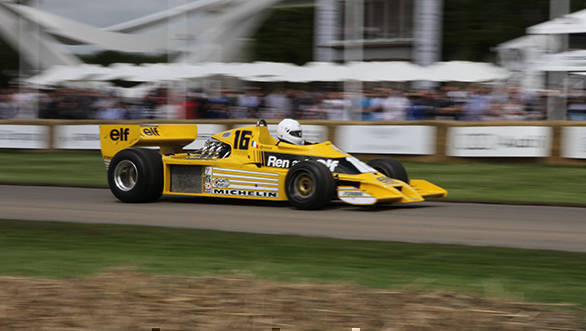 The Renault RS01 was built in 1977 and made its debut at Silverstone where it retired after 16 laps. The turbo-powered car was dismissed by rivals and then swiftly copied! Here Rene Arnoux drives it up the hill