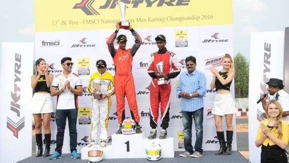 Manav Sharma, Nirmal Umashankar and Paul T Francis on the podium in the Junior Max class