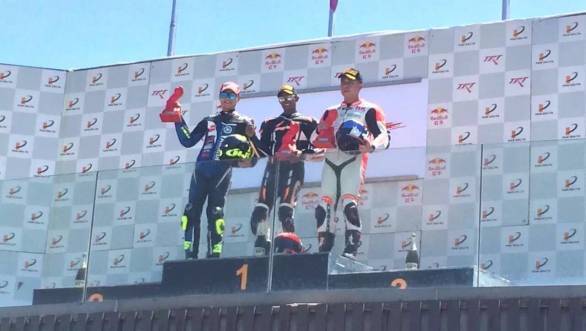 Rajini on the top step of the Superstock podium in China