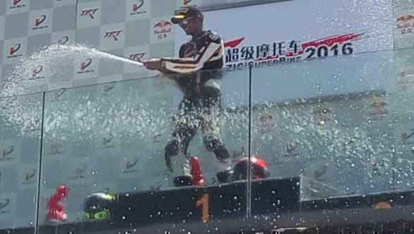 K Rajini celebrates his first win in the Superstock category in Race 2 of Round 3 of the China Superbike Championship at Zhuhai