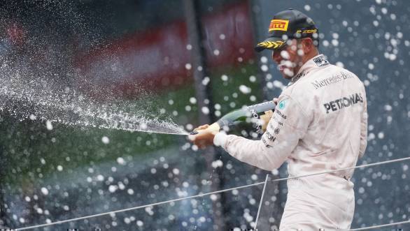Lewis Hamilton celebrates his victory at the 2016 Austrian Grand Prix