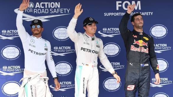 Nico Rosberg will start the 2016 Hungarian GP on pole. Here he is flanked by Mercedes team-mate Lewis Hamilton and Red Bull's Daniel Ricciardo.