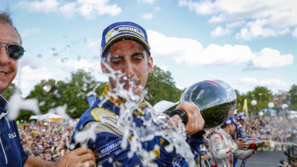Renault e.Dams' Sebastien Buemi celebrates his championship victory at Battersea Park