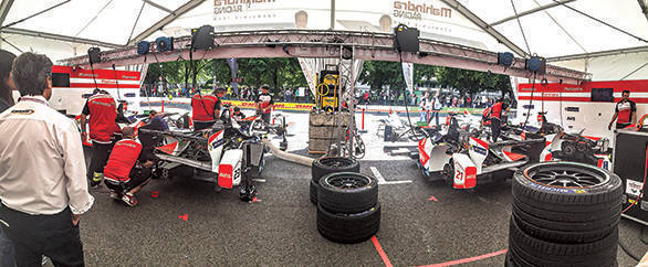 View from within the Mahindra Racing garage during the Berlin ePrix