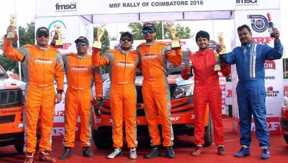 Winners of Rally Coimbatore, Amittrajit Ghosh and Ashwin Naik, flanked by Sunny Sidhu and PVS Murthy in second place, and Dean Mascrenhas and Shanmugha S in third place