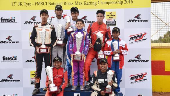 The winners of the JK Tyre National Karting Championship's second round on the podium 