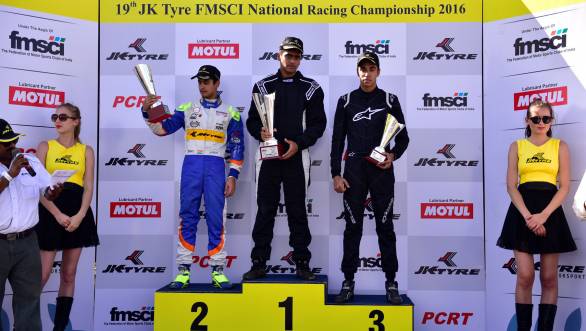 Winners of the fourth Euro JK 16 race: 1st Nayan Chatterjee, 2nd Kush Maini, 3rd Ricky Donison