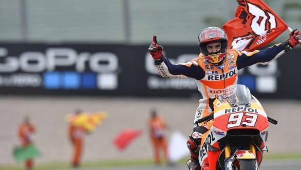 Repsol Honda's Marc Marquez celebrates his win at Sachsenring