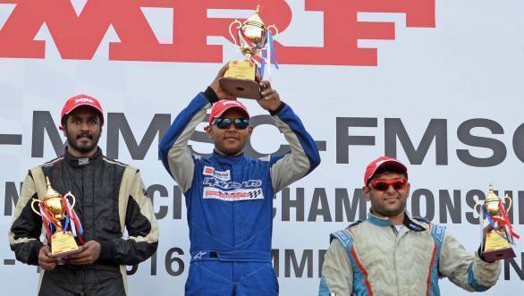 Deepak Paul Chinappa flanked by Arjun Narendrana and Ashish Ramaswamy on the Indian Touring Car race podium