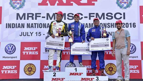 The podium in Race 2 of Round 2 of the Volkswagen Vento Cup saw guest driver Li Huiwei finish second, Ishan Dodhiwala finish first, and Sirish Chandran finish third