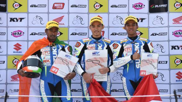 K Jagan on the podium of Race 1 of the Suzuki Asian Challenge at Sentul