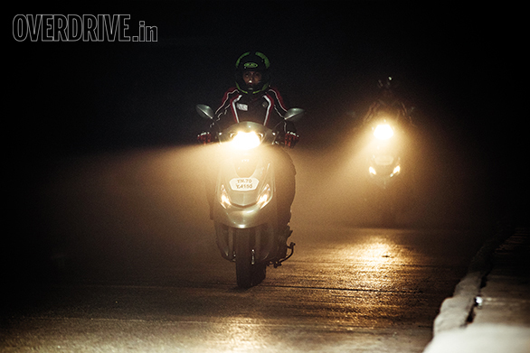 The TVS Scooty Zest 110s of the TVS Himalayan Highs Season 2 exiting the tunnel at Aut. The Aut tunnel spans 3km is amongst the longest road tunnels in India