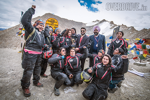 The girls of the TVS Himalayan Highs Season 2 receive the certificate from the India Book Of Records. From left, Pallavi Fauzdar, Antara Pal, Gauri Kapur (sitting), Megha Chakravorty, Anam Hashim, Shruti Naidu, Surbhi Tiwai (sitting), officials from the India book of records, Trupti Sarmalkar (sitting), Kainoor Mistry, Roshni Sowkumar (front, sitting) and Ebronah Dorothy