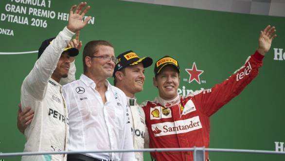 Hamilton, Rosberg and Vettel on the podium at the 2016 Italian GP at Monza
