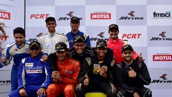 All the winners in various categories of racing on the podium at Round 2 of the 2016 JK Racing Championship