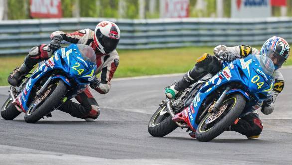 Motorcycles in action at the third round of the National Motorcycle Racing Championship in Chennai