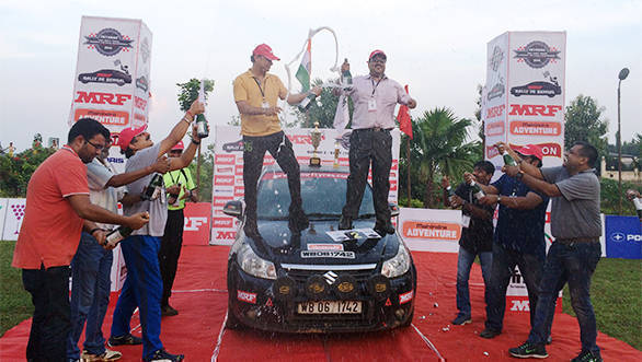MRF Rally de Bengal winners at the champagne shower