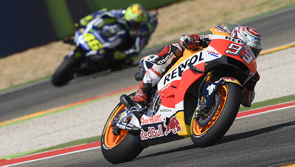 Round 14: With the gap in championship points between Marquez and Rossi closing in, the pressure was starting to build. After starting from pole, Marquez had to fight hard against Maverick Viñales and Lorenzo to hold the lead. A small error on Lap 3, which almost ended his race, pushed him down to seventh. However, by Lap 12, Marquez managed to take the lead which he held till the chequered flag
