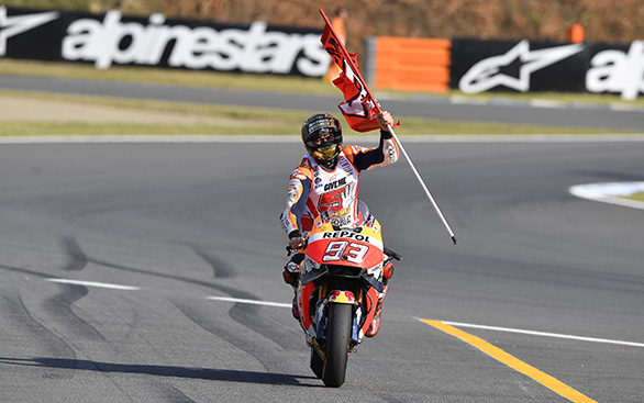 Marquez took a stunning win at Motegi, claiming the World Championship title. At 23, this makes him the youngest rider ever to win three premier-class World Championship titles