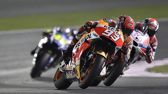 After qualifying on P2, Marquez had a bad start sending him to fifth by Lap 1. However, he managed to Valentino Rossi and took third place by the end of the race, after Andrea Iannone crashed