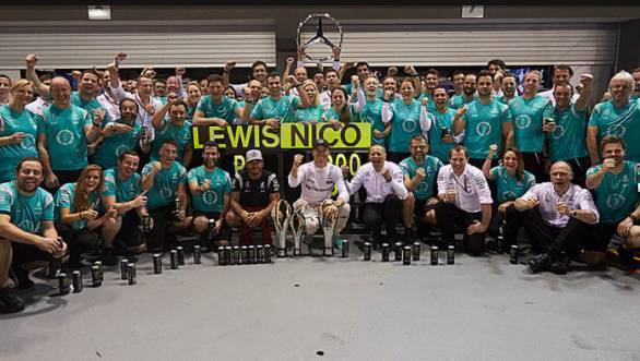 Lewis Hamilton, Nico Rosberg and the Mercedes AMG F1 team celebrate their 1-2 finish at the 2016 US GP
