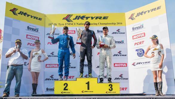 From left: Karthik Tharani, Anindith Reddy and Ananth Shanmugham on the podium for the JK Euro16 race