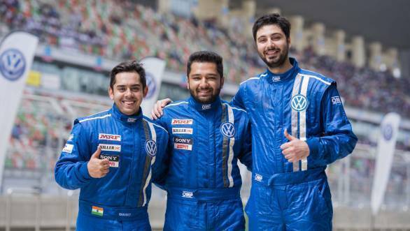 Ishaan Dodhiwala, Karminder Pal Singh and Rishaad Mody celebrate their podium finishes during the last race of the 2016 Volkswagen Vento Cup Championship at the BIC