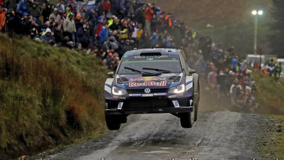 Sebastien Ogier and Julien Ingrassia on their way to victory at the 2016 Wales Rally GB