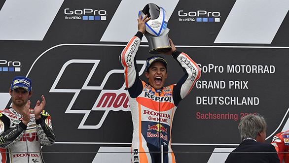 Round 9: Marquez took his fourth consecutive win at the Sachsenring circuit despite mixed track conditions. After falling to ninth place under wet track conditions in the first part of the race, he managed to make his way up the ladder as soon as track conditions improved. This win increased his lead by 48 points over championship contender, Lorenzo