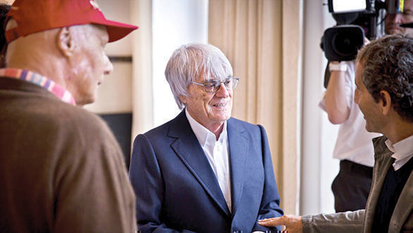 Bernie Ecclestone talks to Niki Lauda and Alain Prost prior to F1 world champ dinner at SteirerschlÃ¶ssl in Austria during Austrian GP in Spielberg 19 June 2015 // Henner Thies / Red Bull Content Pool // P-20150621-00545 // Usage for editorial use only // Please go to www.redbullcontentpool.com for further information. //