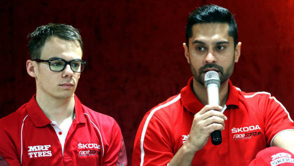 Gaurav Gill (right) and Fabian Kreim of Team MRF at the pre-event Press Conference (Oct 28)