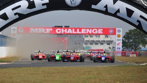 Pietro Fittipaldi leading the pack during a 2015 MRF Challenge race at the MMRT 