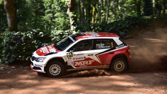 Team MRF Skoda's Gaurav Gill and Glenn Macneall at the Chandrapura stage of the APRC India Rally at Chikmagalur