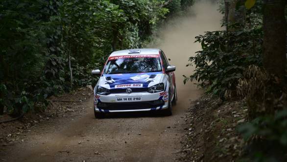 Phalguna Urs and navigator Chandramouli in their Volkswagen Polo R2 at the stages in Chikmagalur