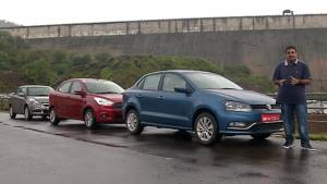 Volkswagen Ameo v Ford Figo Aspire v Maruti Suzuki Swift Dzire - Video