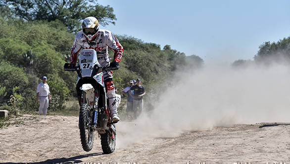 Hero MotoSports Team Rally's Joaquim Rodrigues had a mishap in Stage 2 as he slid and crashed at one of the unmarked puddles. This caused his GPS to malfunction and forced him to slow down to avoid another crash