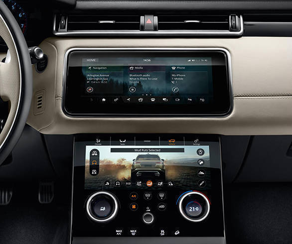 The Range Rover Velar will debut the brand's new infotainment system call Touch Pro Duo. It features two 10-inch HD touchscreens that handle separate functions