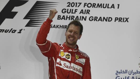 Sebastian Vettel celebrates victory at the 2017 Bahrain GP, his second win of the season