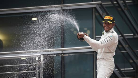 Lewis Hamilton celebrates winning the 2017 Chinese Grand Prix