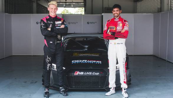 Aditya Patel and ODRacing team-mate Mitch Gilbert with their Audi R8 LMS 