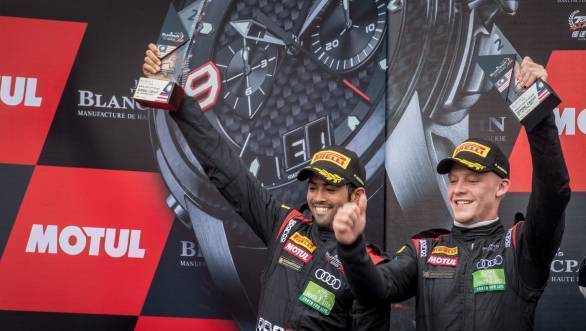 Aditya Patel and Mitch Gilbert celebrate their second place finish at Race 2 of the Blancpain GT Series Asia round at Sepang