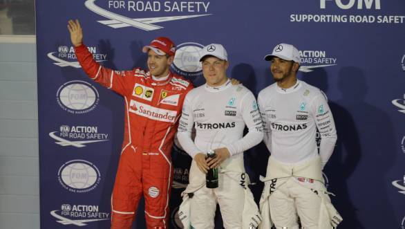 Sebastian Vettel, Valtteri Bottas and Lewis Hamilton after Qualifying at the 2017 Bahrain GP