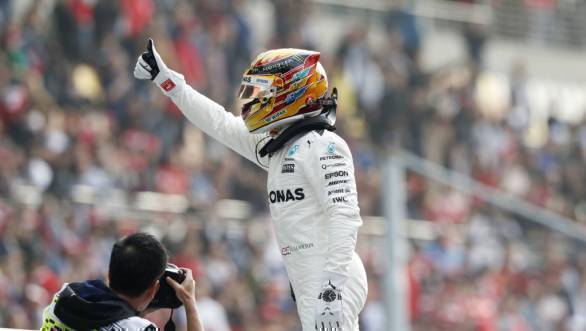 Lewis Hamilton celebrates his pole position at the 2017 Chinese GP