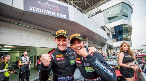 Mitch Gilbert and Aditya Patel celebrate their victory at Race 1 of the 2017 Blancpain GT Series Asia at Sepang