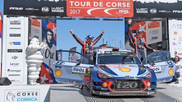 Thierry Neuville celebrates victory at Corsica