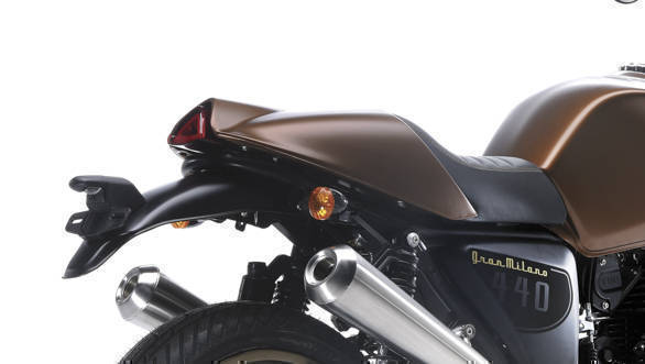 The SWM Gran Milano rear cowl is well made and we saw painted as well a leather-finished example. The little triangular light inset into the cowl is a good little detail