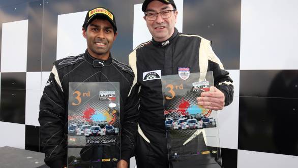 Karun and team-mate Steve Tandy with their trophies at Donington Park