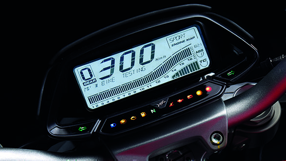 The MV Agusta Brutale 800's new digital dash is a rectangle and it is densely packed. But the display is easy to decipher. The speed read is the huge numeric on top flanked on the left by the gear position indicator and the engine map selection on the right. The rev counter spreads out across the whole display and above it on the left is the multi-information display area while below right is the coolant temperature. The final two figures on the far right bottom are ABS and traction control mode selections. The dash is controlled by an engine map selection switch on the right  and MV's unchanged terrible selection cluster on the left switch set