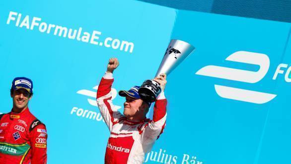 Felix Rosenqvist celebrates his first ever victory in the Formula E championship, also a first ever for the Mahindra Racing team